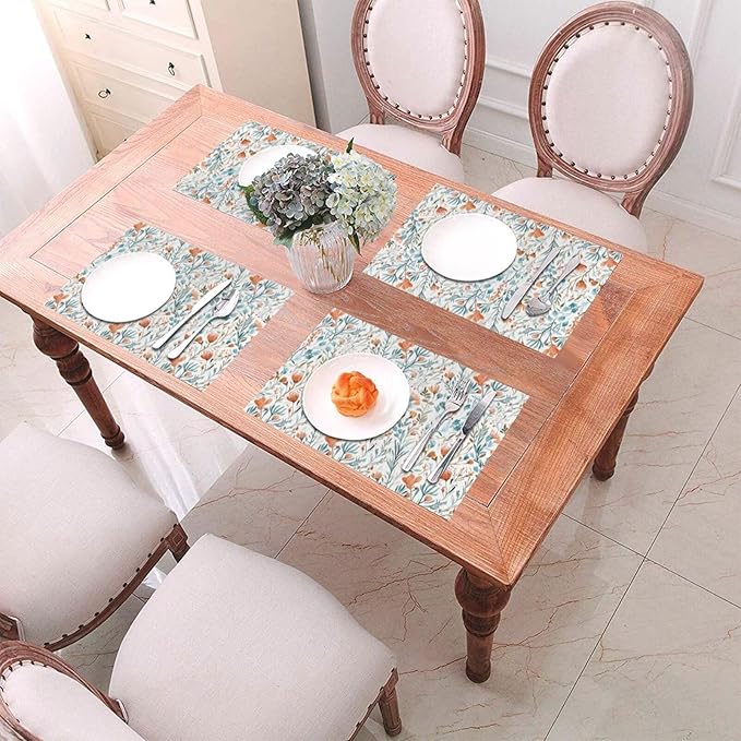 Boho Teal Orange Floral Linen Placemats Set of 4, 12x18 Inch Burnt Orange and Blue Watercolor Flower Table Mats, Non-Slip Heat Resistant Dining Mats for Kitchen Party Wedding, Spring Easter Home Decor