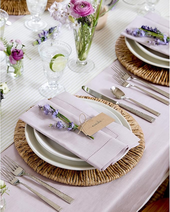 Solino Home Linen Napkins Set of 6 - Classic Hemstitch 100% Pure Linen Lilac Dinner Napkins Cloth 20 x 20 Inch for Mothers Day, Spring, Summer - Handcrafted and Machine Washable