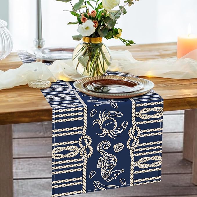 Navy Blue Nautical Dining Table Runner, Coastal Beach Ropes Starfish Crab Seahorse Conch Shell Burlap Kitchen Decoration, Ocean Marine Life Indoor Outdoor Home Decor Party Supply 13 x 90 Inches