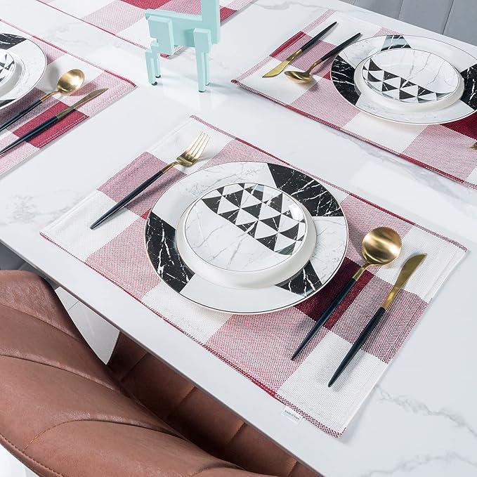 Red Placemats Set of 4, Linen Buffalo Plaid Double Layer Spring Placemats Check Kitchen Table Mats,Waterproof Heat Resistant Durable Cloth Washable Placemats 12 x 18 Inches