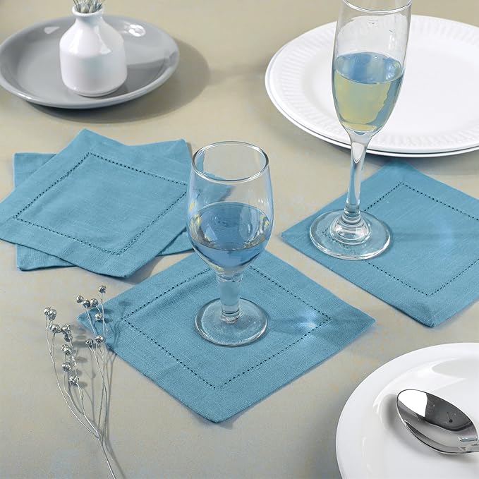 FINGERCRAFT Cocktail Napkins 6 x 6 Inch Premium Quality Cotton, Generous Hemstitch and Mitered Corner Set of 12 Coaster Cloth Aqua Blue