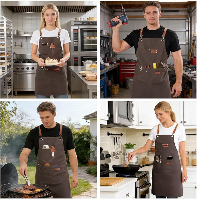 Chef Aprons for Men Women with 4 Large Pockets, Cotton Canvas Cross Back Adjustable Apron for Work grilling kitchen gardening