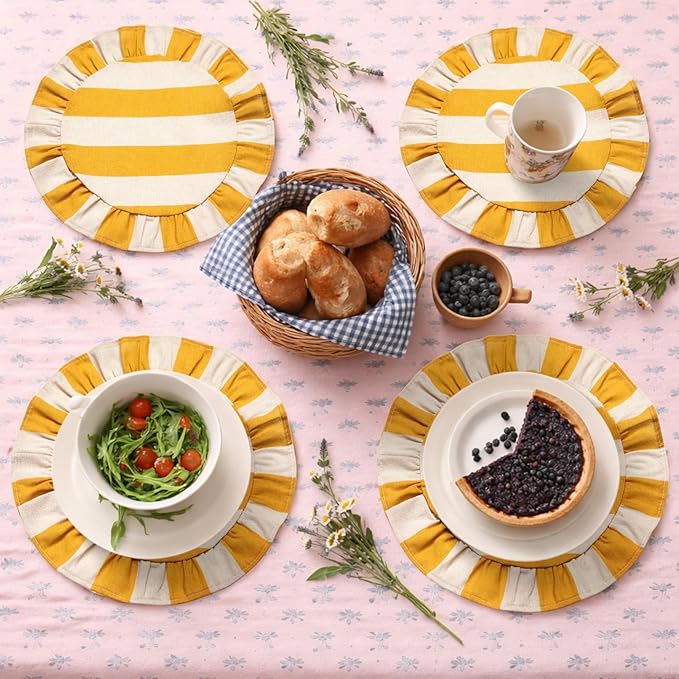 4 Pcs 15 Inch 100% Cotton Scalloped Round Placemats, Thin Yellow & White Stripes Place Mats with Ruffle, Washable Placemats Table Mats for Kitchen Dining Holiday Gatherings Decor