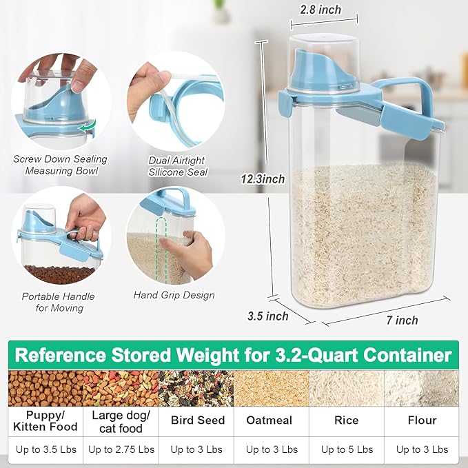 TBMax 2 Pack Rice Container Cereal Storage Container 3.2 Quarts, Kitchen Pantry Dry Food Storage Holder with Easy-Pouring Spout & Handy Cup, Small Pet Dog Cat Food Dispenser for Daily Feeding