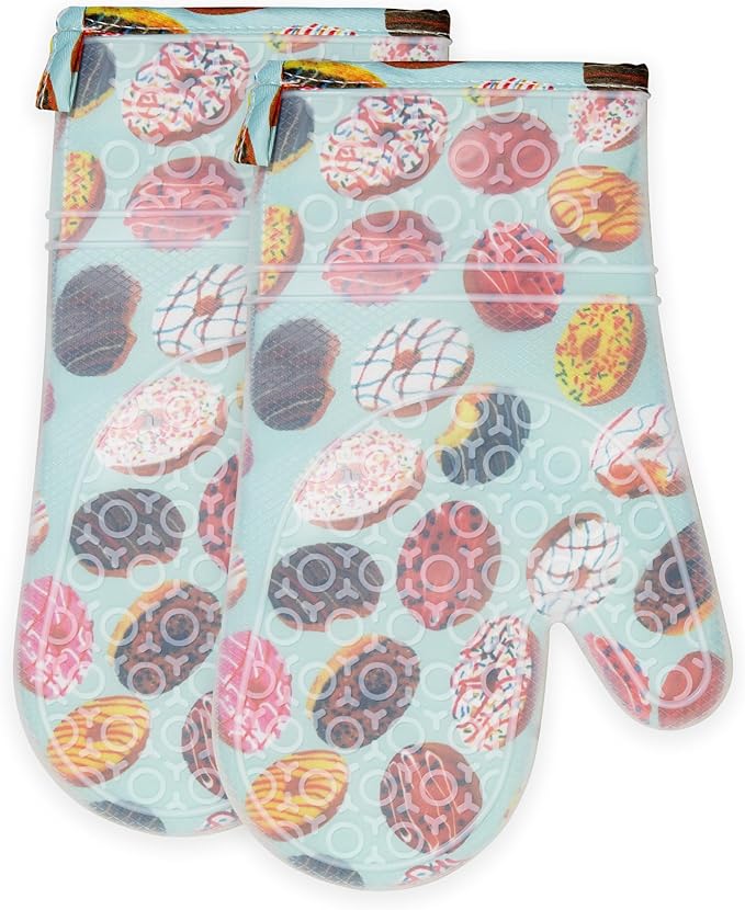 Silicone Oven Mitts Set Heat Resistant 2PCS Kitchen Mittens with Soft Cotton Lining Long Waterproof Non-Slip Oven Gloves for Cooking, BBQ, Baking-Donut
