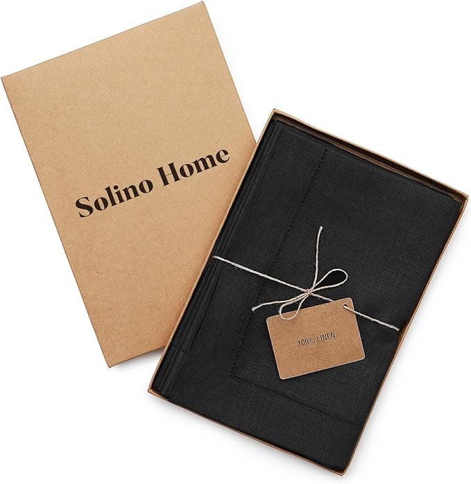 Solino Home Black Linen Napkins Set of 4-100% Pure Linen Hemstitch Dinner Napkins 20 x 20 Inch for Spring, Summer, Mothers Day - Classic Hemstitch