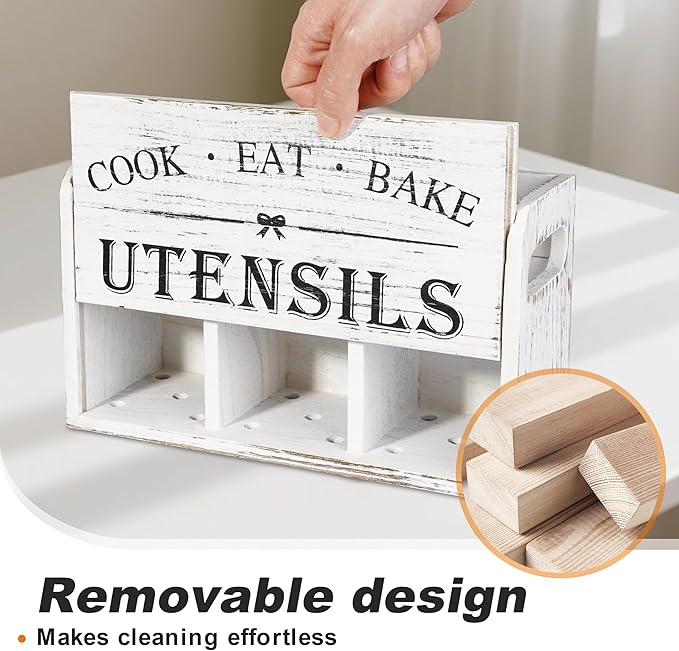 Wooden Kitchen Utensil Holder with 3 Compartments, Utensil Storage Organizer for Kitchen Counter, Farmhouse Decor & Rustic Cooking Tools Storage(White)