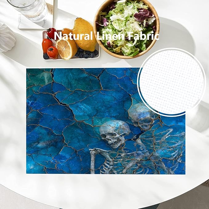 Batmerry Lapis Lazuli Skeleton Placemats, Cracked Blue with Skulls Washable Linen Table Mats for Kitchen Table Double Insulation Decor Dining Set Indoor Outdoor 12X18 in Set of 4