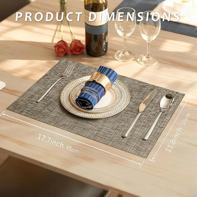 Durable Vinyl Placemats Set of 24, Non-Slip for Dining Table Mat, Heat Resistant Place Mats, Washable Anti-Slip PVC Easy to Clean Wipeable Premium Plastic Mats for Kitchen Brown