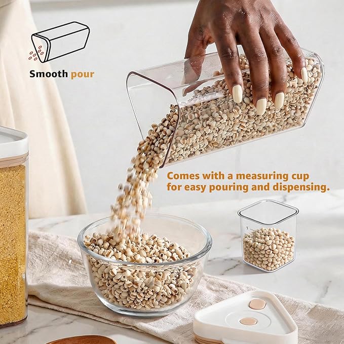Rotating Grain Dispenser with Manual Vacuum Pump - 6-Grid Vacuum-Storage Canister Set, Food Storage Bins for Cereal, Rice, Beans & Bulk Dry Food Pantry Organization