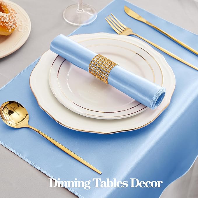 RUDONG M 100 Pcs Light Blue Satin Napkins and Napkin Rings Set, 17 x 17 Inch Square Cloth Napkins Set of 50, Silky Soft Table Napkins Bulk for Weddings, Banquet, Parties Dinner Decoration