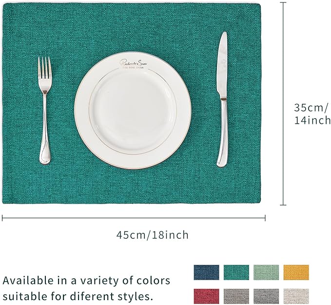 BALCONY & FALCON Placemats Set of 4 Faux Linen Cloth Place Mats Washable Waterproof Wrinkle Resistant Table Placemats for Dining Kitchen Farmhouse Indoor & Outdoor Use(Teal, 13.8”x 17.7”