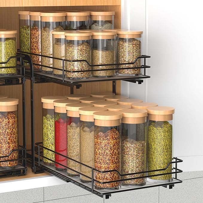 BOIVSHI 2-Tier Spice Rack, Pull Out Spice Racks Organizer for Cabinet, Height Adjustable Heavy Duty Metal Basket for Inside Cabinets & Pantry Closet (7.5''Wx10.5''Dx9.5''H)