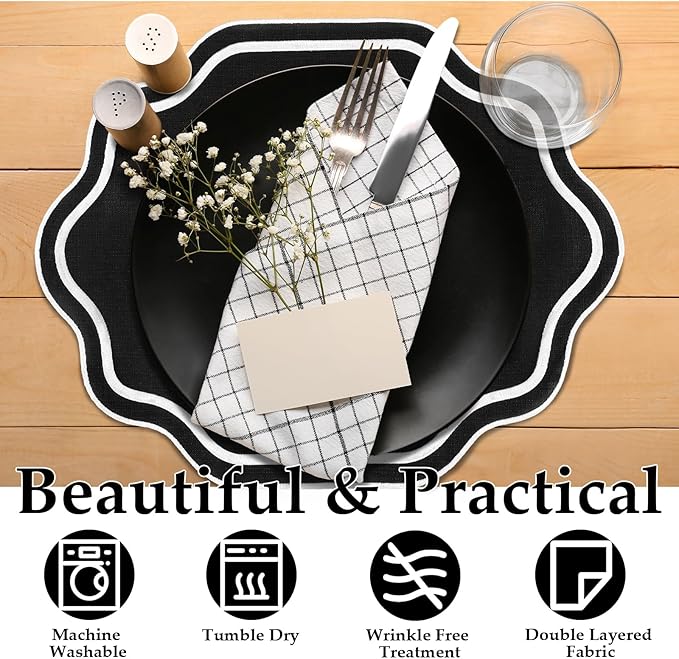 Breling 6 Pcs Wedding Placemats Scalloped Embroidered Cotton Linen Placemats 17" x 13" Double Layered Machine Washable Table Place Mat for Party Table Decor (Black)