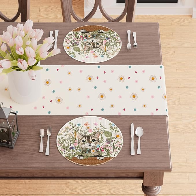 XCHI Wildflowers Cat Daisy Spring Round Placemats Set of 4 Summer Table Mats for Party Home Kitchen Dining Table Decorations 14x14 Inch