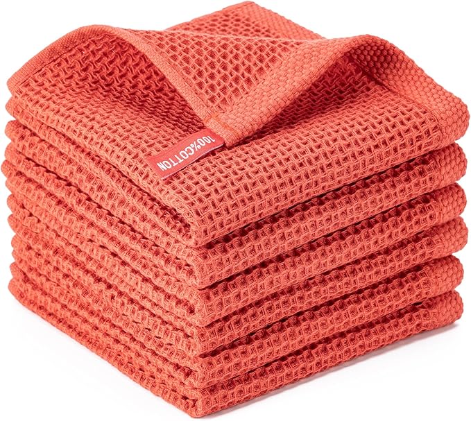 BOOMIBOO 6-Pack Kitchen Dish Cloths, 100% Cotton Waffle Weave, Ultra Soft Absorbent, Quick Drying Dish Towels, 12x12 Inches,Brick Red