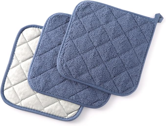100% Cotton Basic Terry Collection Quilted，Pot Holder for Cooking and Baking，3 Piece. (French Blue)