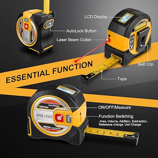 PREXISO 2-in-1 Laser Tape Measure - NOT Digital - 135Ft Laser Measurement Tool & 16Ft Measuring Tape with Auto Lock & Movable Magnetic Hook - Pythagorean, Area, Volume, Ft/Ft+in/in/M Unit-NOT Digital