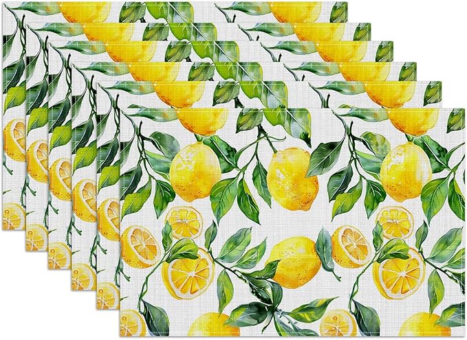 Vintage Lemon Placemats Set of 6, Washable Linen Place Mat Heat Resistant Non Slip Kitchen Dining Table Mats 12x18 Inch