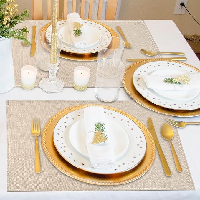 Niviy Beige Placemats Set of 6, 12x18 Inch Washable Easy to Clean Heat-Resistant Anti-Skid Beige Placemats for Holiday Party Kitchen Dining Room Decoration