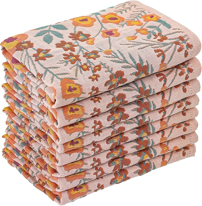 Kitchen Towels 100% Cotton Pack of 8, Highly Absorbent Quick Drying Super Soft Dish Towels for Kitchen with Hanging Loop Hand,Tea Towels 8 Pack,Floral Pattern- 16x15 Inch