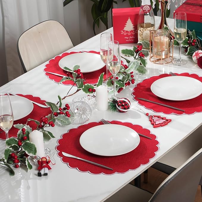 Set of 6 Round Placemats 15 Inch Cotton Scalloped Embroidery Placemat Washable Double Layered Rustic Dinner Table Mat Decor Fabric for Hotel Restaurant Kitchen(Red/White,Classic)