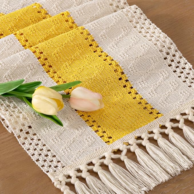 Socomi Boho Table Runner Macrame Long Easter Spring Farmhouse Woven Cotton Linen Rustic Coffee Table Runner with Tassels for Dresser Scarf Home Decor Dining Room 12x108 in Yellow Gold Ivory