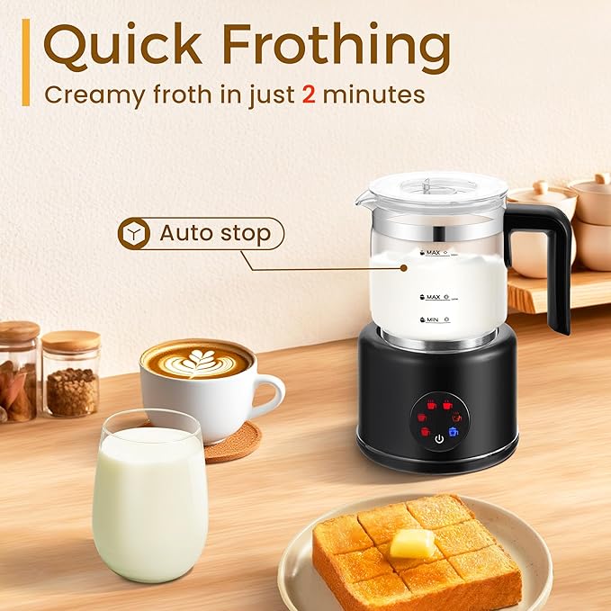 Milk Frother and Steamer, 6 in 1 Milk Steamer and Milk Warmer, 17oz Auto Shut Off Electric Frother with Touch Screen, Hot/Cold Foam Maker for Coffee, Latte, Cappuccino, Hot Chocolate, Black