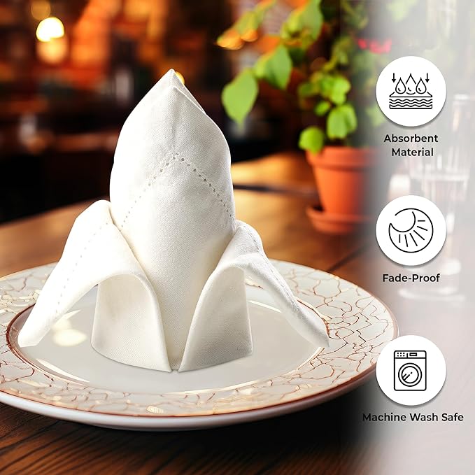 Urban Villa Cloth Napkins Hemstitch Solid Ivory 100% Cotton Absorbent Dinner Napkins (Set of 6) 20x20 Inches Soft Durable Washable Reusable Ideal for Everyday Use Wedding Parties Cloth Dinner Napkins