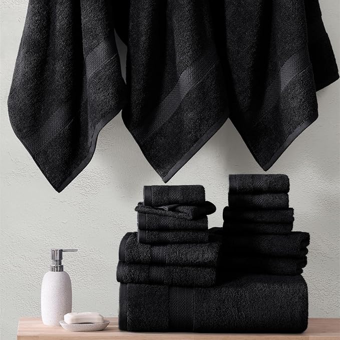 LANE LINEN 100% Cotton Towel Set for Bathroom - 6 Piece - Super Soft, Hotel Quality - 2 Bath, 2 Wash cloths, 2 Hand Towels for Bathroom - Classic, Gentle on Skin, Ideal for Spa & Daily Use - Black
