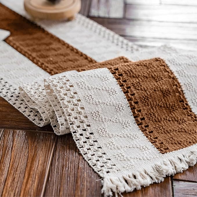 Alynsehom Macrame Table Runner Cream Beige and Caramel Boho Table Runners with Tassels Hand Woven Cotton Table Runner Rustic Farmhouse Table Runners for Bohemian Kitchen Dining Table(12x48in)
