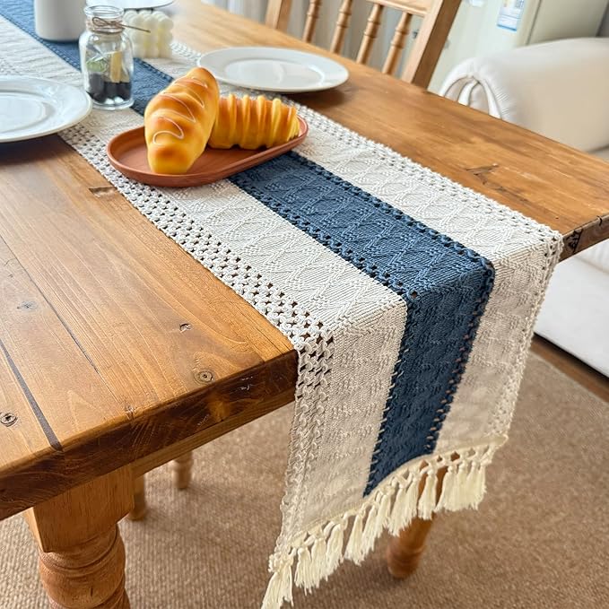 Blue Boho Table Runner for Home Decor with Tassels 72 Inches Farmhouse Rustic Table Runner Macrame Burlap Table Decoration for Living Room Bridal Shower(12x72 Inches, Fringe Included)