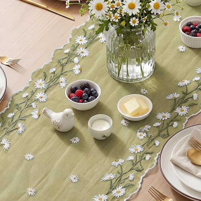Artoid Mode Daisy Floral Fern Green Shaped Gauze Embroidery Table Runner 120 Inch 10FT, Tulle Spring Summer Kitchen Dining Table Decor for Home Party
