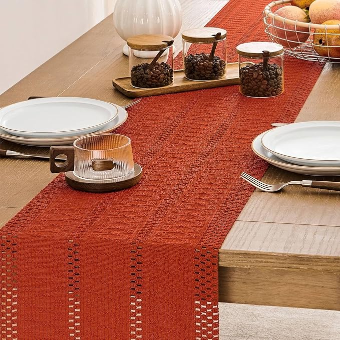 ZeeMart Macrame Style Boho Table Runner, Burnt Ochre Fall Table Runners 72 Inches Long, Farmhouse Woven Home Decor, 12x72 Inch, Dark Orange