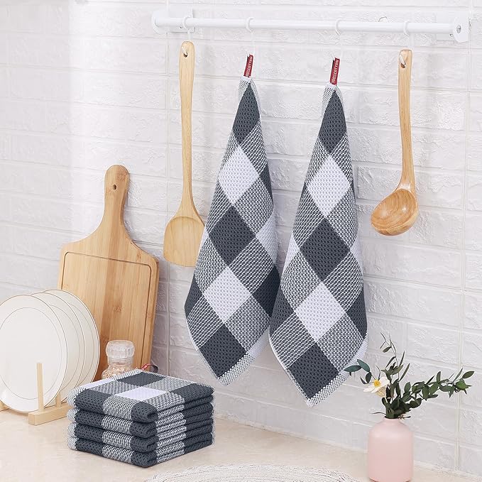 Homaxy 100% Cotton Waffle Weave Check Plaid Dish Cloths, 12 x 12 Inches, Super Soft and Absorbent Dish Towels Quick Drying Dish Rags, 6-Pack, White & Dark Grey
