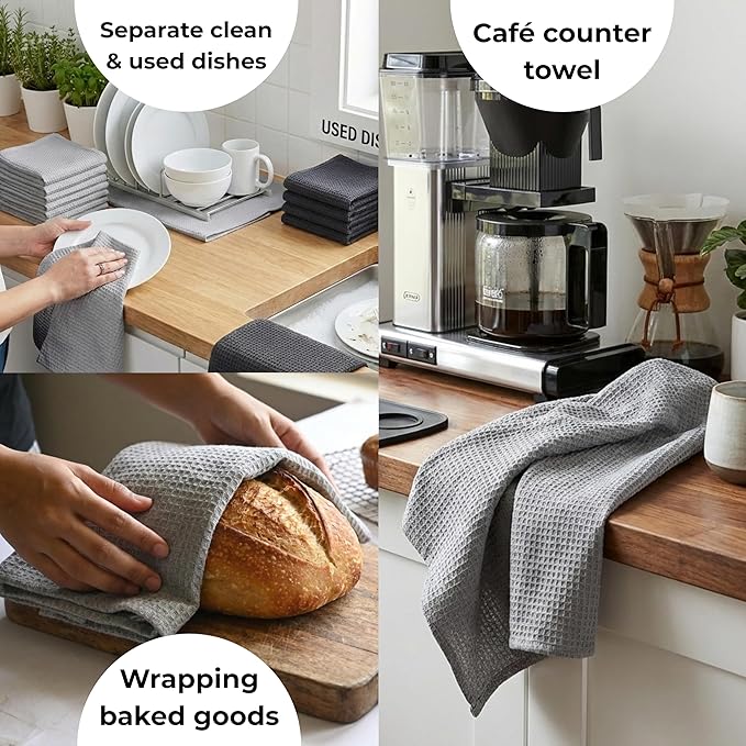 Highly Absorbent Cotton Dish Towels for Drying - Set of 6 Light Gray Kitchen Towels - 18"X28" Lint Free Waffle Weave Cloth Linen Hand Bathroom Bulk Dishtowels