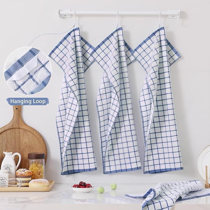 Homaxy Premium Kitchen Towels(16”x 28”, 8 Pack), Large Ring Spun Cotton Dish Towels, Super Absorbent Soft Terry Kitchen Hand Towels, Check Design Tea Towel Set with Hanging Loop, Navy Blue