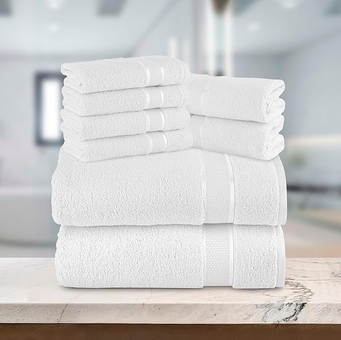 Elegant Comfort Premium Cotton 8-Piece Towel Set, Includes 4 Washcloths, 2 Hand Towels and 2 Bath Towels, 100% Turkish Cotton - Highly Absorbent and Super Soft Towels for Bathroom, White