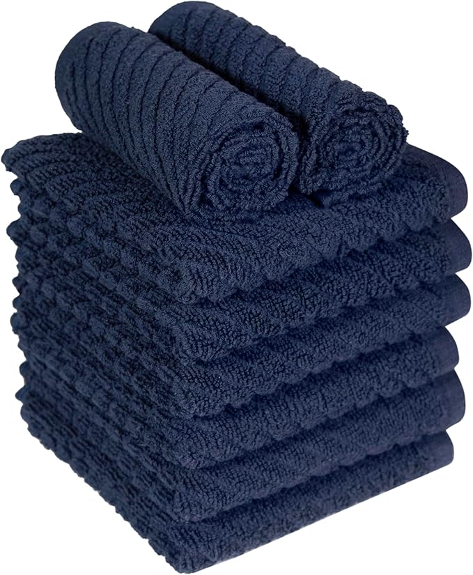 Bumble Towels Premium Kitchen Dish Cloths (12" x 12") | 8 Pack | Diagonal Deluxe Dish Cloth | High Absorbent Tea Towels Set | Navy Blue