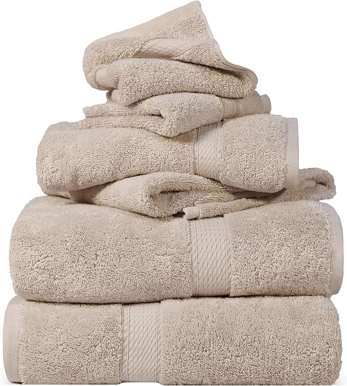 SUPERIOR Egyptian Cotton Pile 6 Piece Towel Set, Includes 2 Bath, 2 Hand, 2 Face Towels/Washcloths, Ultra Soft Luxury Towels, Thick Plush Essentials, Guest Bath, Spa, Hotel Bathroom, Stone