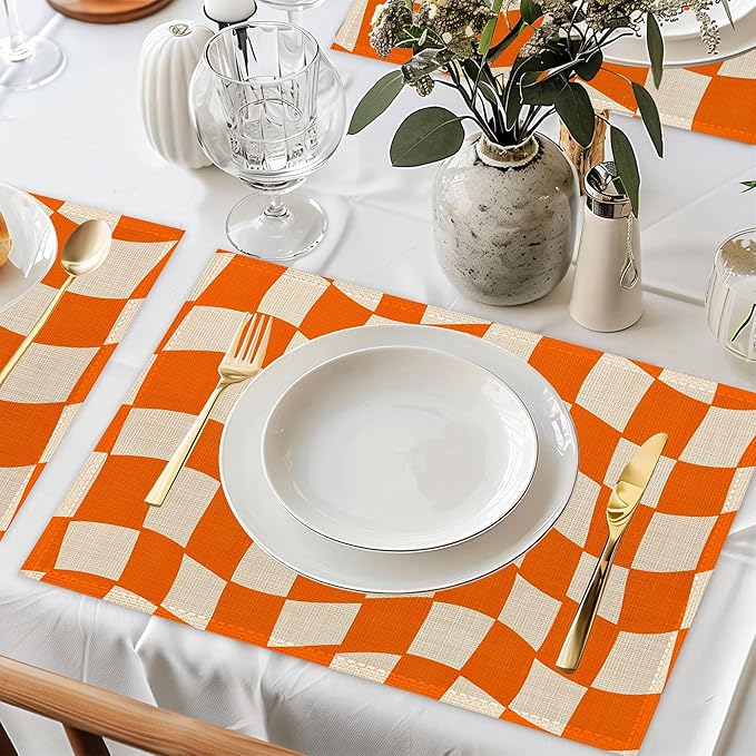 Abstract Orange Plaid Placemats Set of 6,Washable Kitchen Dining Linen Table Mats for Home Party Dinner Indoor Outdoor 12x18Inch