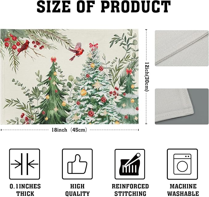 Christmas Placemats for Dining Table Set of 4, Watercolor Xmas Tree Red Bird Washable Non-Slip Heat Resistant Line Fabric Place Mats Winter Table Mats 12x18 Inch for Holiday Decor Party