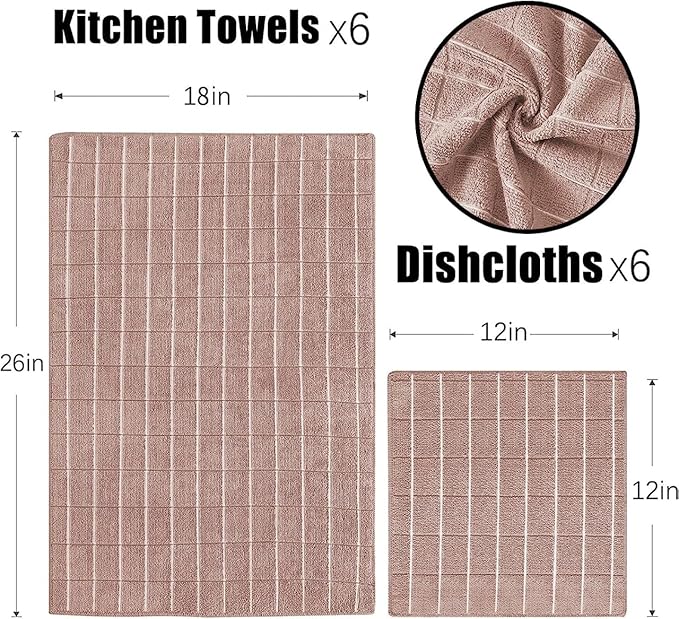 Puomue Microfiber Kitchen Towels and Dishcloths Set, 26 X 18 Inch and 12 X 12 Inch, Set of 12 Bulk Lint Free Dish Towels for Drying Dishes, Camel
