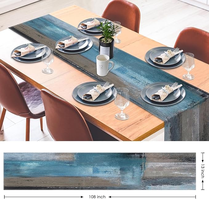 Emvency Blue and Grey Abstract Table Runner, Modern Oil Painting for Kitchen Coffee Table Family Dinners Holiday Parties Wedding Events Decor(13x72 inch)