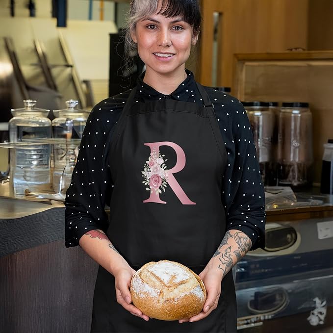 ROKO CLOTHING Personalized Initials Apron with Pockets Custom Kitchen Aprons Women for Baking Cooking Adjustable Neck Waist