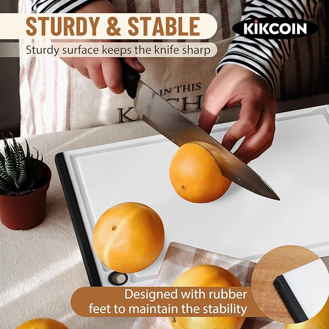 Kikcoin Plastic Cutting Boards for Kitchen, 3-Piece Large Cutting Board Set Dishwasher Safe Chopping Boards with Non-slip Feet and Juice Grooves, White