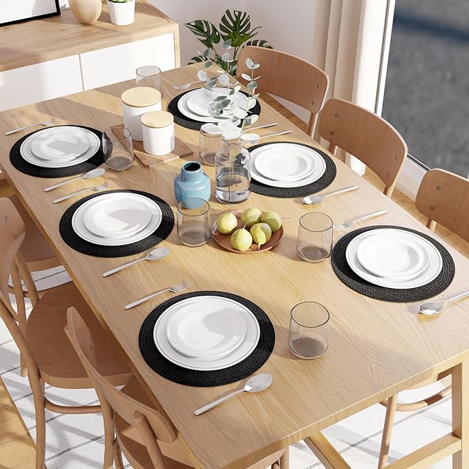 Encasa XO Dining Placemats Set of 6 | Cotton Round Table Mat - 13 in Diameter | Black | Handmade Rib Style Chargers for Dinner Plates