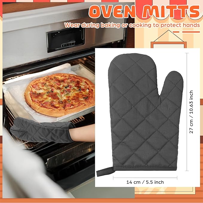 6 Pairs Heat Resistant Oven Mitts Kitchen Oven Gloves 11 Inch Long Quilted Cotton Polyester Kitchen Gloves for Cooking, Baking, Grilling BBQ (Charcoal Grey)