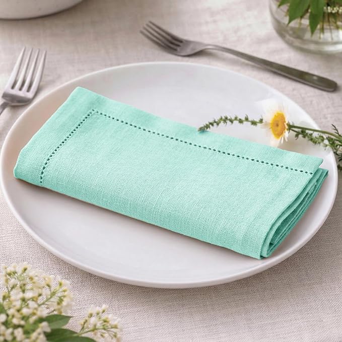 Palisa Mist Green Cotton Napkins Set of 12 | Premium Hemstitch Detailing Cloth Dinner Napkins 18x18 Inch | Soft Washable & Reusable Table Napkins for Everyday Use Weddings Restaurants & Hotels