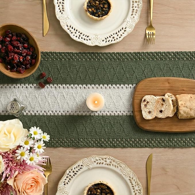 Artoid Mode Army Green Farmhouse Rustic Table Runner, Seasonal Hollow Kitchen Dining Table Decoration for Home Party Decor 12x108 Inch